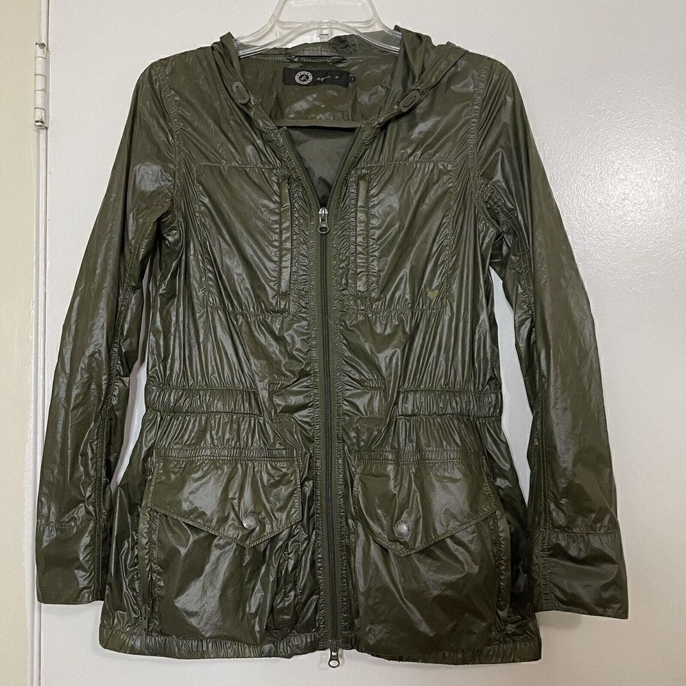 AGNES B. Dark Green Full zip Lightweight utility windbreaker hooded jacket SZ 1